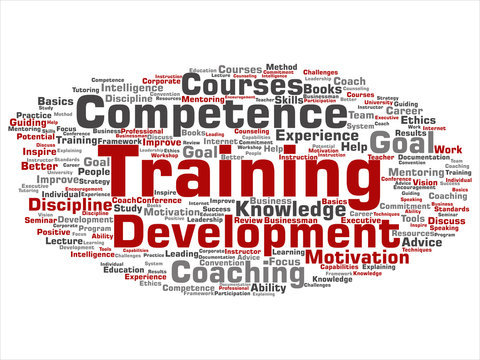 Vector concept or conceptual training, coaching or learning, study word cloud isolated on background. Collage of mentoring, development, motivation skills, career, potential goals or competence text