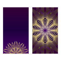 Ethnic Mandala Ornament. Templates With Mandalas. Vector Illustration For Congratulation Or Invitation. The Front And Rear Side. Romantic purple gold color
