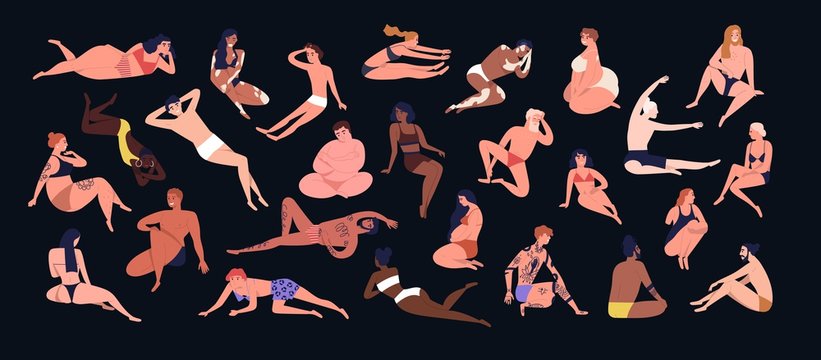 Set of people of different figure type. Various men and women dressed in swimwear isolated on black background. Body positivity, diversity and self-acceptance. Flat cartoon vector illustration.