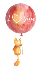 Watercolor drawing red cat with a large round ball in his hand on which the inscription I love you