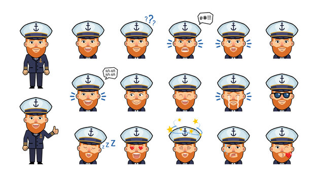 Set of old navy captain emoticons. Funny skipper emojis showing various facial expressions. Happy, sad, laugh, angry, shocked, dazed, tired, in love and other emotions. Simple vector illustration