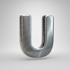 Brushed metal letter U uppercase. 3D render shiny metal font isolated on white background.