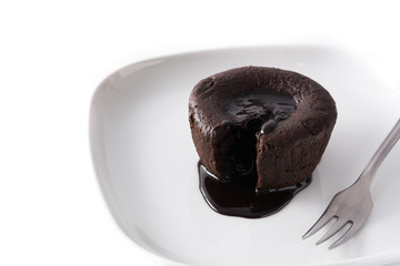 Coulant chocolate cake isolated on white background. Copyspace