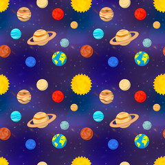 Bright cartoon planets of solar system on deep space background, seamless pattern