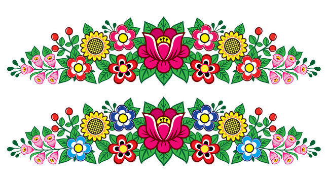 Polish folk art vector floral long decoration, Zalipie decorative pattern with flowers and leaves - greeting card, wedding invitation