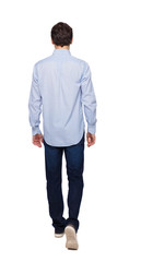 Back view of going  handsome man . walking young guy .