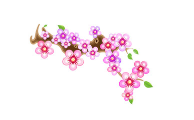 Fototapeta na wymiar Attribute of hanami, branch sakura, vector illustration. Cherry blossom, with flowers in anime style. Unorthodox East Asian decoration tradition in partially animated stylistic solution.