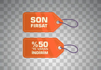 Indirim etiketleri yazilari. Translation from turkish: Sale offer badges. Red promo seals/stickers. Isolated vector illustration