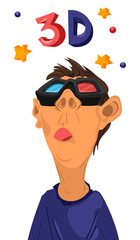 Boy watching 3d stars movies with glasses Vector. cartoon characters