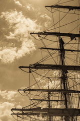 Detailed closeup of mast rigging top on sail boat