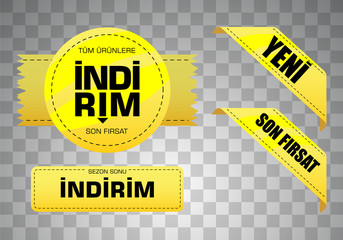 Indirim etiketleri yazilari. Translation from turkish: Sale offer badges. Red promo seals/stickers. Isolated vector illustration