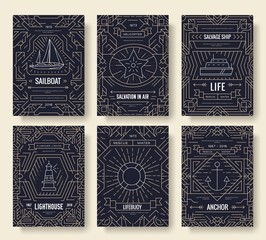 Nautical thin line brochure cards set. Sea template of flyear, magazines, posters, book cover, banners. Travel outline invitation concept background. Layout quality modern pages