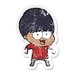 distressed sticker of a happy cartoon boy