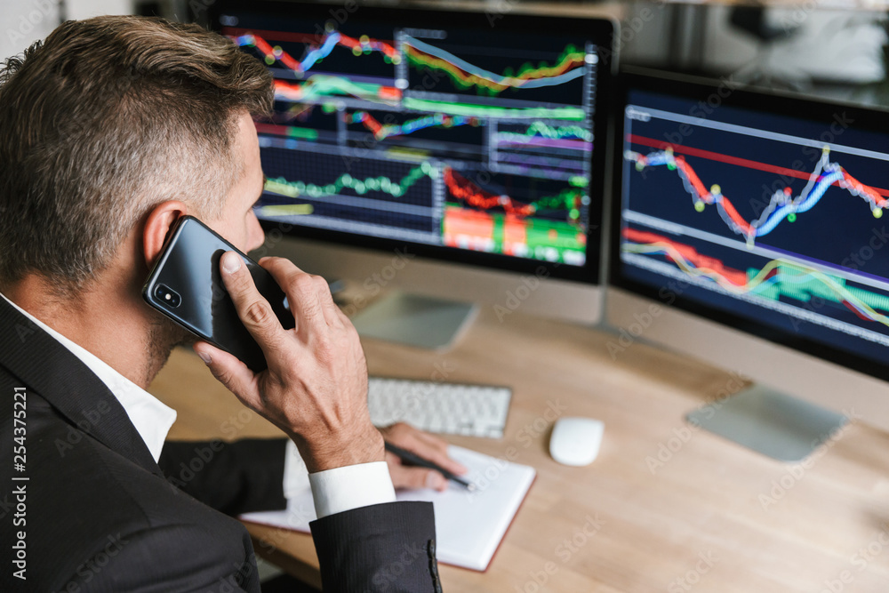 Poster portrait of adult businessman speaking on cell phone while working with digital graphics on computer