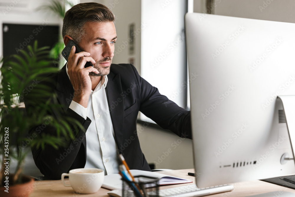 Poster image of smart businessman talking on cell phone while working on computer in office