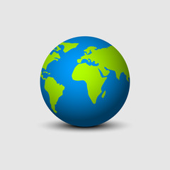 Earth globe isolated with shadow in flat design. Earth globe green and blue colors. Earth map circle