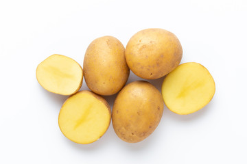 Potatoes isolated on white background. Flat lay. Top view.