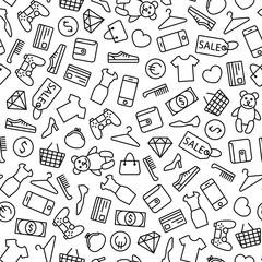 Seamless vector background with line shopping icons. Isolated on white background