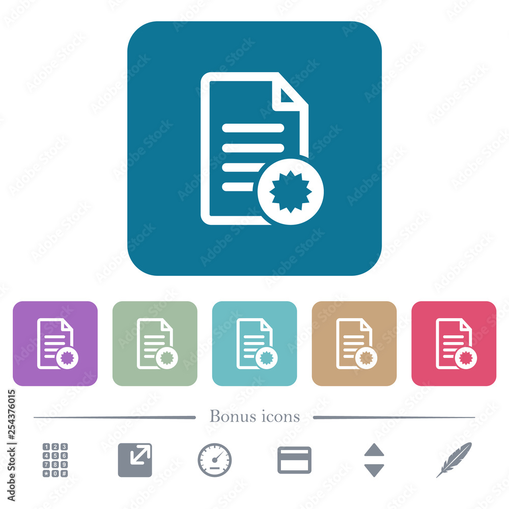 Poster document certificate flat icons on color rounded square backgrounds