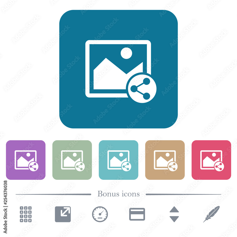Poster share image flat icons on color rounded square backgrounds