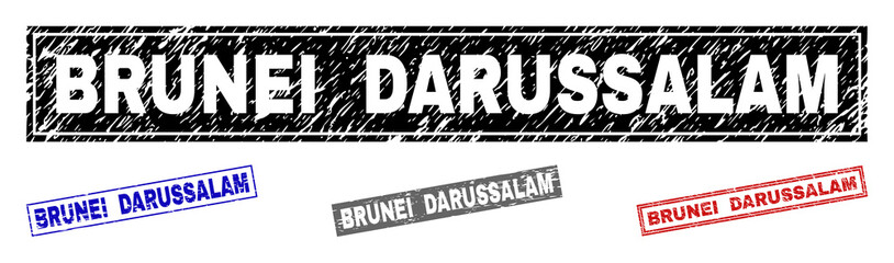 Grunge BRUNEI DARUSSALAM rectangle stamp seals isolated on a white background. Rectangular seals with grunge texture in red, blue, black and gray colors.