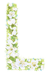 Vector  letter L decorated white flowers and leaves pattern, isolated on white.