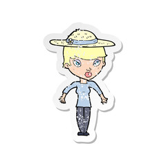 retro distressed sticker of a cartoon woman in summer hat