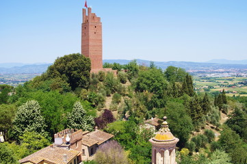Dome of the church of the sacred crucifix and Fortress of Federico II, San Miniato, Tuscany, Italy
