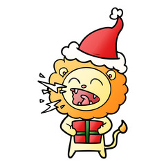 gradient cartoon of a roaring lion with gift wearing santa hat