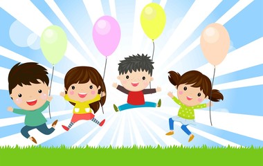 Group of happy children jumping with balloons