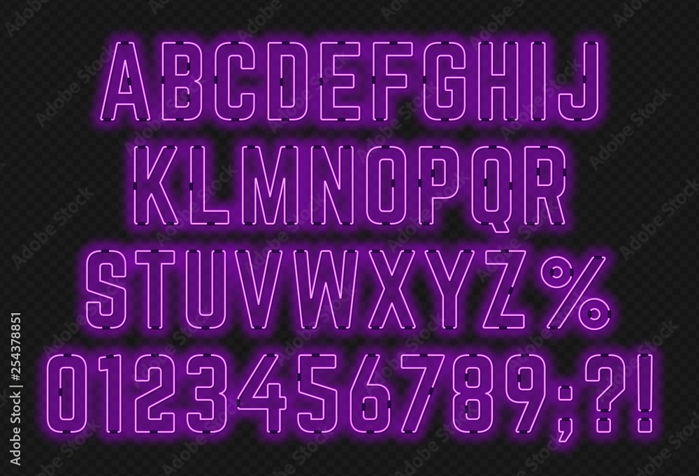 Poster neon purple font with numbers and punctuation marks.