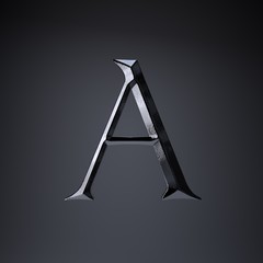 Chiseled iron letter A uppercase. 3d render game or movie title font isolated on black background.