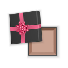 Black gift box with pink bow, top view, open empty square cardboard box, isolated on transparent background. Vector illustration