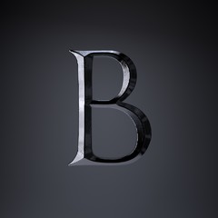 Chiseled iron letter B uppercase. 3d render game or movie title font isolated on black background.