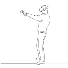 Virtual reality gaming continuous one line vector drawing. Man in VR glasses, holding motion controller.