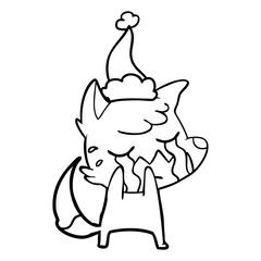 crying fox line drawing of a wearing santa hat