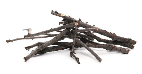 Dry branches, twigs for camp fire isolated on white background
