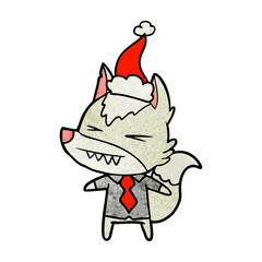 angry wolf boss textured cartoon of a wearing santa hat