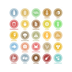 Food ingredients vector white circle signs in colorful labels. Food ingredient products symbols sticker label set.