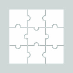 Nine blank puzzle pieces. Puzzle for web, information or presentation design, infographics. White puzzle on gray background. Vector illustration - obrazy, fototapety, plakaty