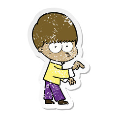 distressed sticker of a nervous cartoon boy