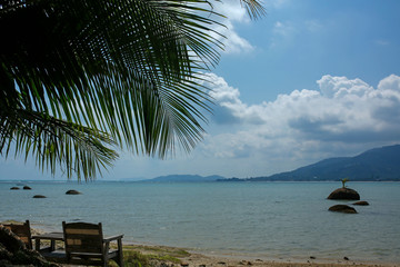 wooden sunbeds on beautiful tropical beach Lamai, Koh Samui, Thailand