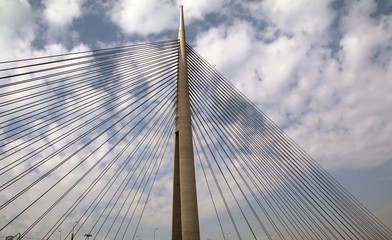 Fototapeta premium Tower Bridge at Ada Belgrade. Cables at tower provide bridge construction. High pylon.