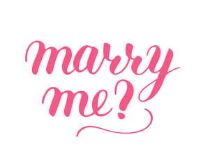 Marry me phrase to propose and pop the question, hand-written lettering, script calligraphy, pink sign proposal isolated without background, vector art for postcards