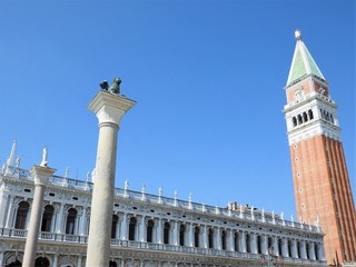 An exterior view of the architecture and landmarks of the Italian city of Venice.
