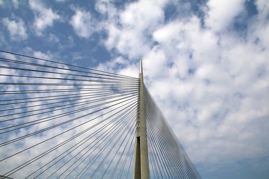 Tower Bridge at Ada Belgrade. Cables at tower provide bridge construction. High pylon.