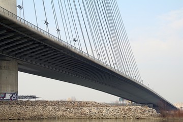 Tower Bridge at Ada Belgrade. Cables at tower provide bridge construction. High pylon.