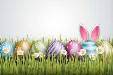 Easter background with painted 3d realistic eggs and bunny ears in green glass and flowers. Vector illustration.