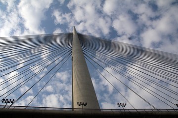 Tower Bridge at Ada Belgrade. Cables at tower provide bridge construction. High pylon.