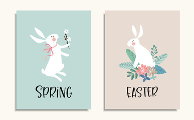 Set of Easter greeting cards, invitations with white rabbits, bunnies and flowers. Spring season concept. Hand drawn cute background. Vector illustrations, flat design.